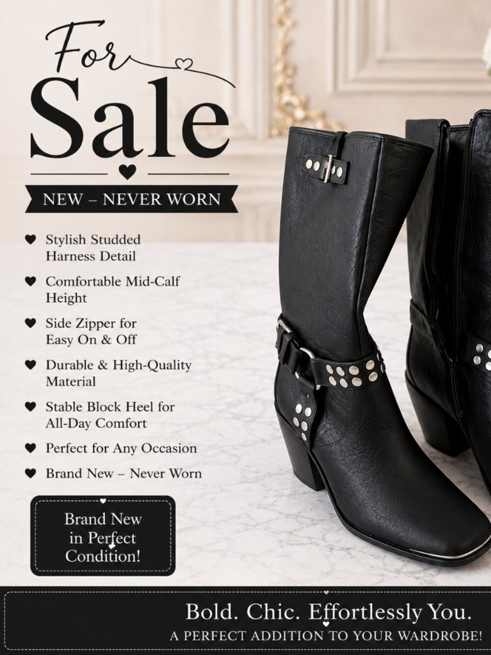 NWOT Black Studded Women’s Boots – Size 8.5 – Wide/Stretch Calf